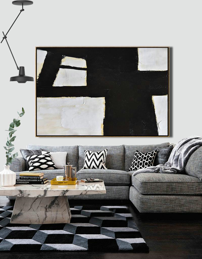 Abstract Art On Canvas, Modern Art,Horizontal Palette Knife Minimal Canvas Art Painting Black White Beige - Huge Abstract Canvas Art